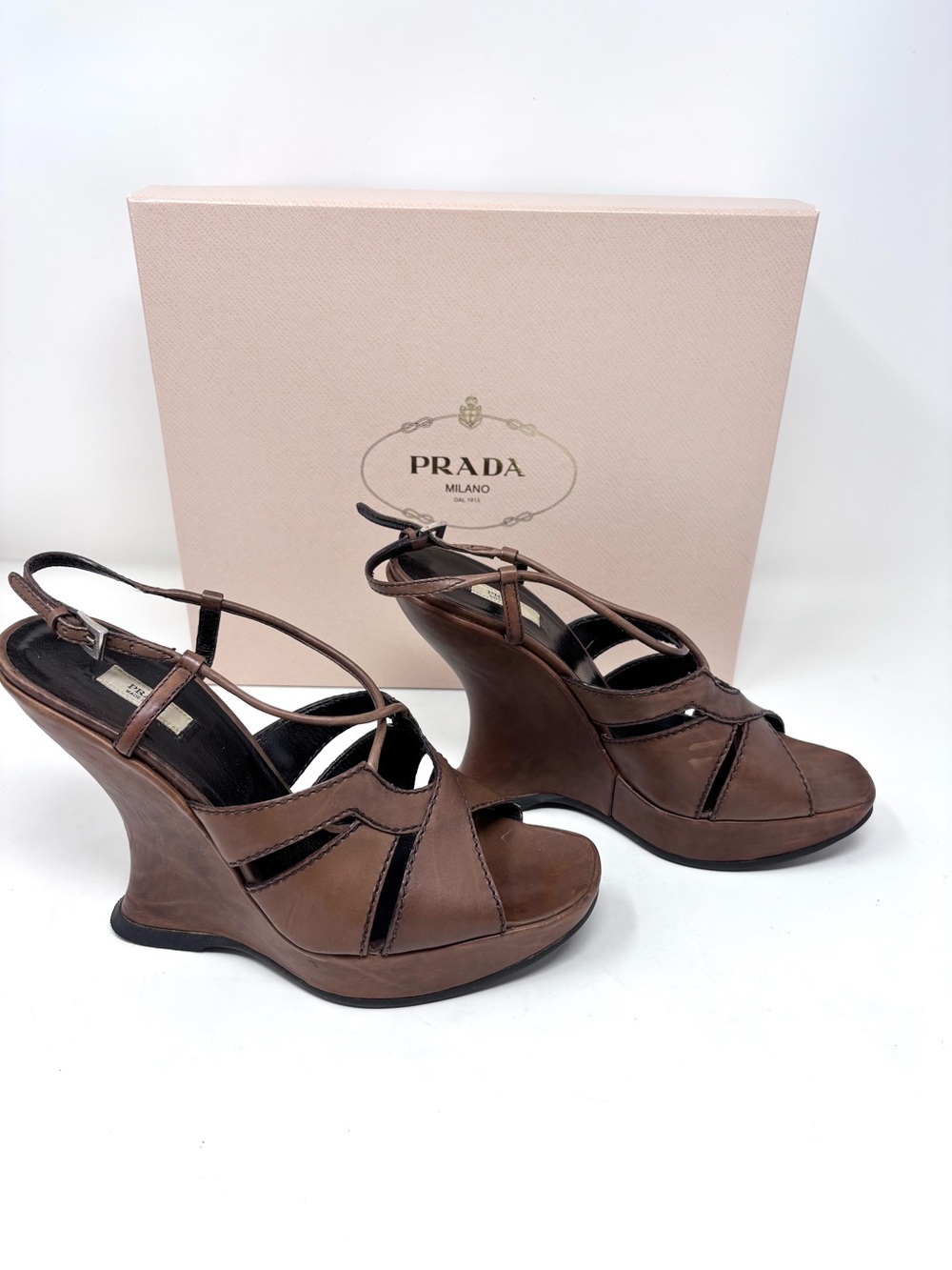 Prada Vintage Nocciolo Antique Calf Leather Strappy Sandals Brown Wedge size 38